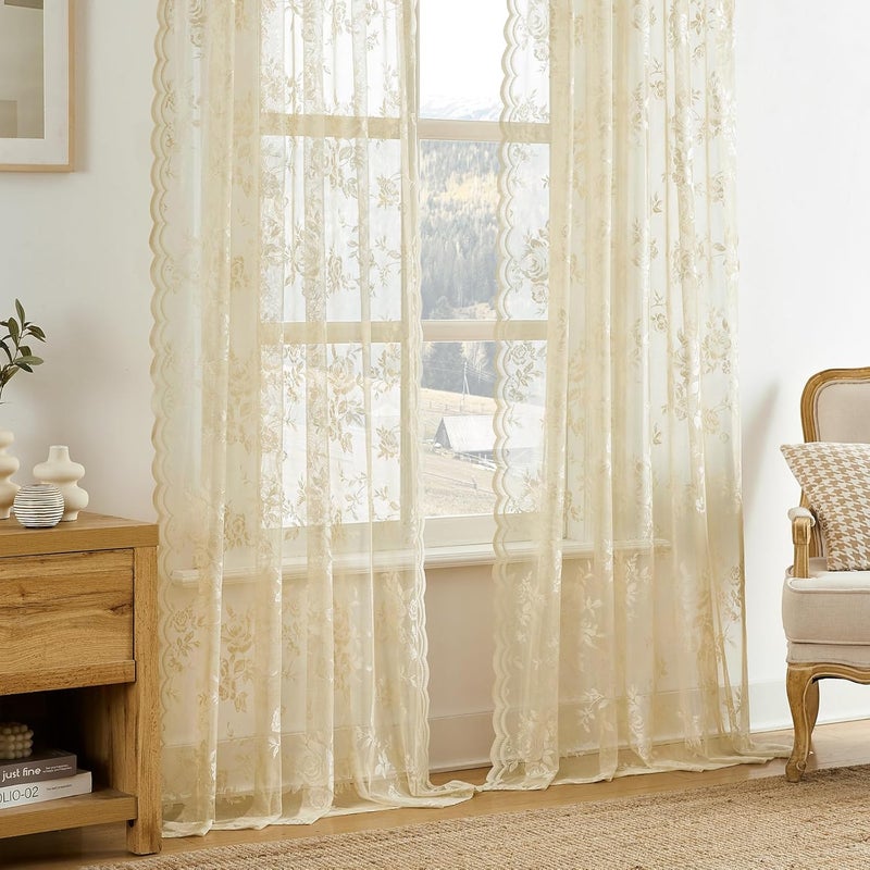 SEEKRIGHT Beige Lace Curtains 108 Inches Long 2 Panels Floral Curtains for Living Room Bedroom Rod Pocket Light Filtering Drapes French Large Window Decor for Dining Room Hallway Doorway Sunroom, 52x108 - Image 2